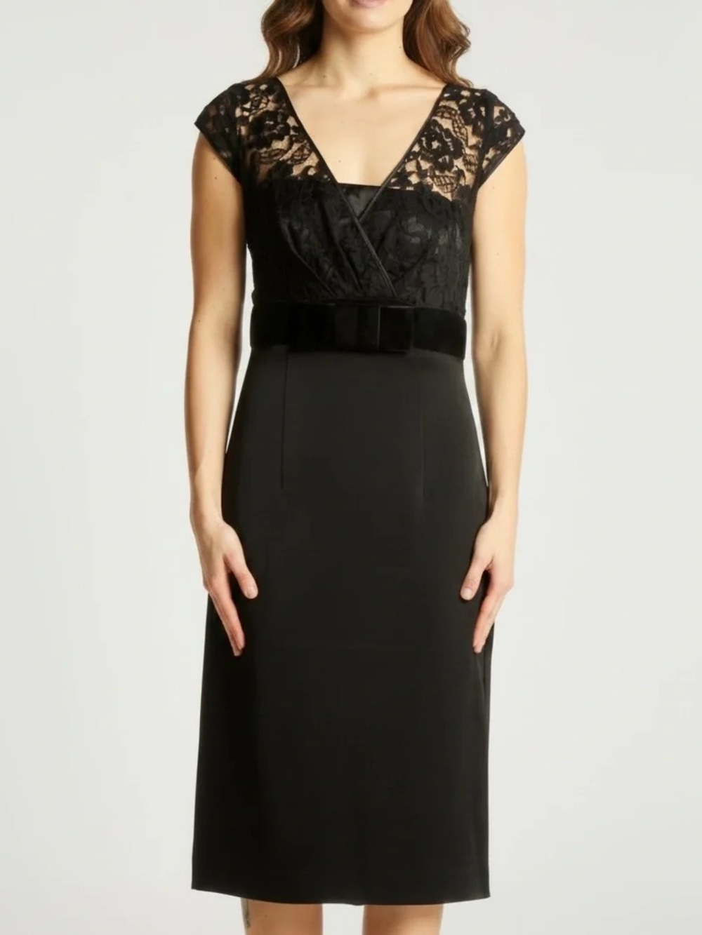 Banana Republic Black Lace-Top Midi Dress Cocktail chic formal bow dark romantic
